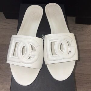 Dolce & Gabbana White Leather DG Logo Slide Mules